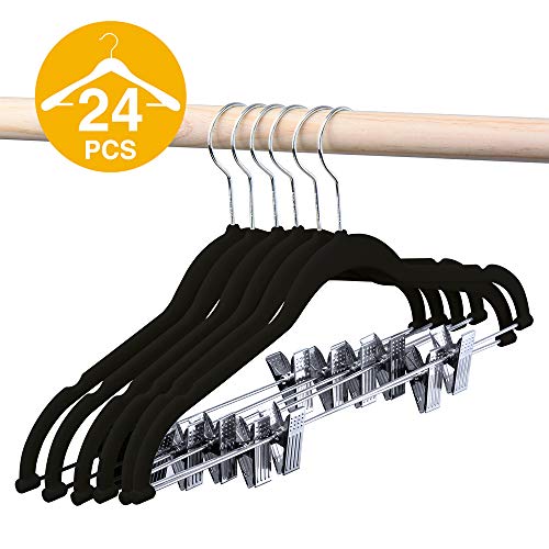 HOUSE DAY Velvet Skirt Hangers - Pack of 24 - Velvet Hangers with Clips Ultra Thin Non Slip Velvet Pants Hangers Space Saving Clothes Hanger (Black)