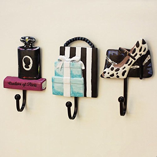 3 Pcs Vintage Hand Made Painted Poly Resin High Heel Shoes Gift Box and Perfume Home Door Wall Mount Hooks Home Towel Clothes Hat Coat Key Hanger (Style # B)
