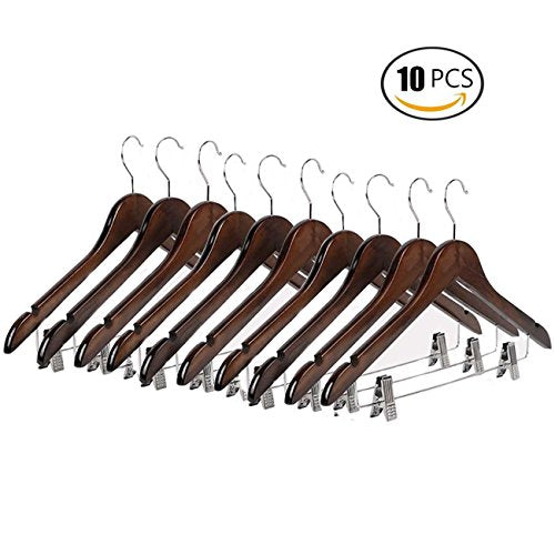 Emango Wooden Pant Hanger, 10-Pack Natural Finish Wooden Suit Hangers with Steel 2-Adjustable Clips and Anti-rust Hooks, Skirt Hangers, Standard Clothes Hangers