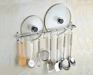 Wall mounted Stainless Steel Kitchen Tool Pot Rack Utensils organizer Pan Hanger with 10 Utility hooks (22-In)