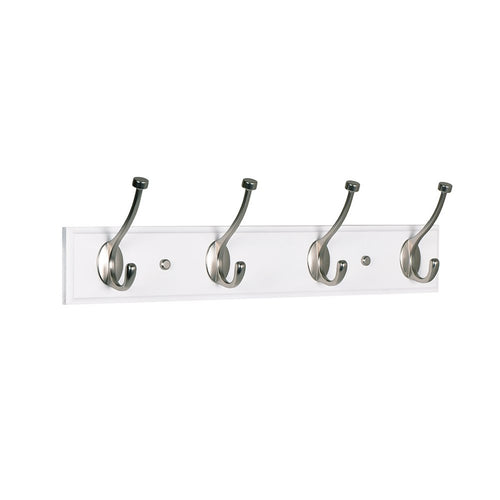 Ivilon Coat Rack Hook Rail Wall Mounted - 4 Hooks Wide End Design. White Wood Satin Nickel Hooks