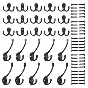 PietyDeko 15 Pieces Double Prong Robe Hook Cloth Hanger and 10 Pieces Heavy Duty Dual Coat Hooks Wall Mounted with Screws