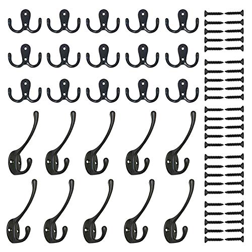 PietyDeko 15 Pieces Double Prong Robe Hook Cloth Hanger and 10 Pieces Heavy Duty Dual Coat Hooks Wall Mounted with Screws