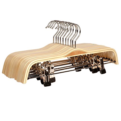 LOHAS Home 10-Pack Natural Finish Wooden Pant Hangers with Anti-Rust Hook and 2-Adjustable Clips