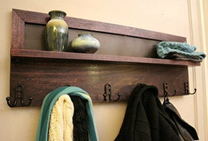 You Pick the Stain and Mesh Color 6 Hook, Stained Wall Mounted Coat Rack, Wall Organizer and Shelf