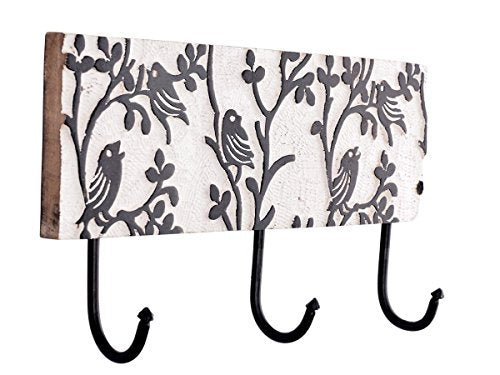 Wooden Hand Carved Wall Mounted Hanging Key Holder Decorative Showpiece Key Hook Organizer Best for Gifting and Home Decor (White Wash)