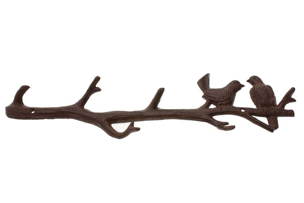 Cast Iron Birds On Branch Hanger With 6 Hooks | Decorative Cast Iron Wall Hook Rack | For Coats, Hats, Keys, Towels, Clothes | 18.5x2x4.5