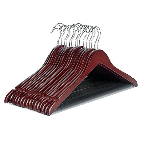 LOHAS Home 16-Pack Cherry Wood Suit Hangers with Non Slip Bar and Precisely Cut Notches - 360 Degree Swivel Chrome Hook - Cherry Finish Super Sturdy