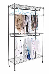 Mewaker 3 Shelves Wire Shelving Clothing Rack with Side Hooks and Wheels, Heavy Duty Closet Garment Rack (US Stock) (Gray2)