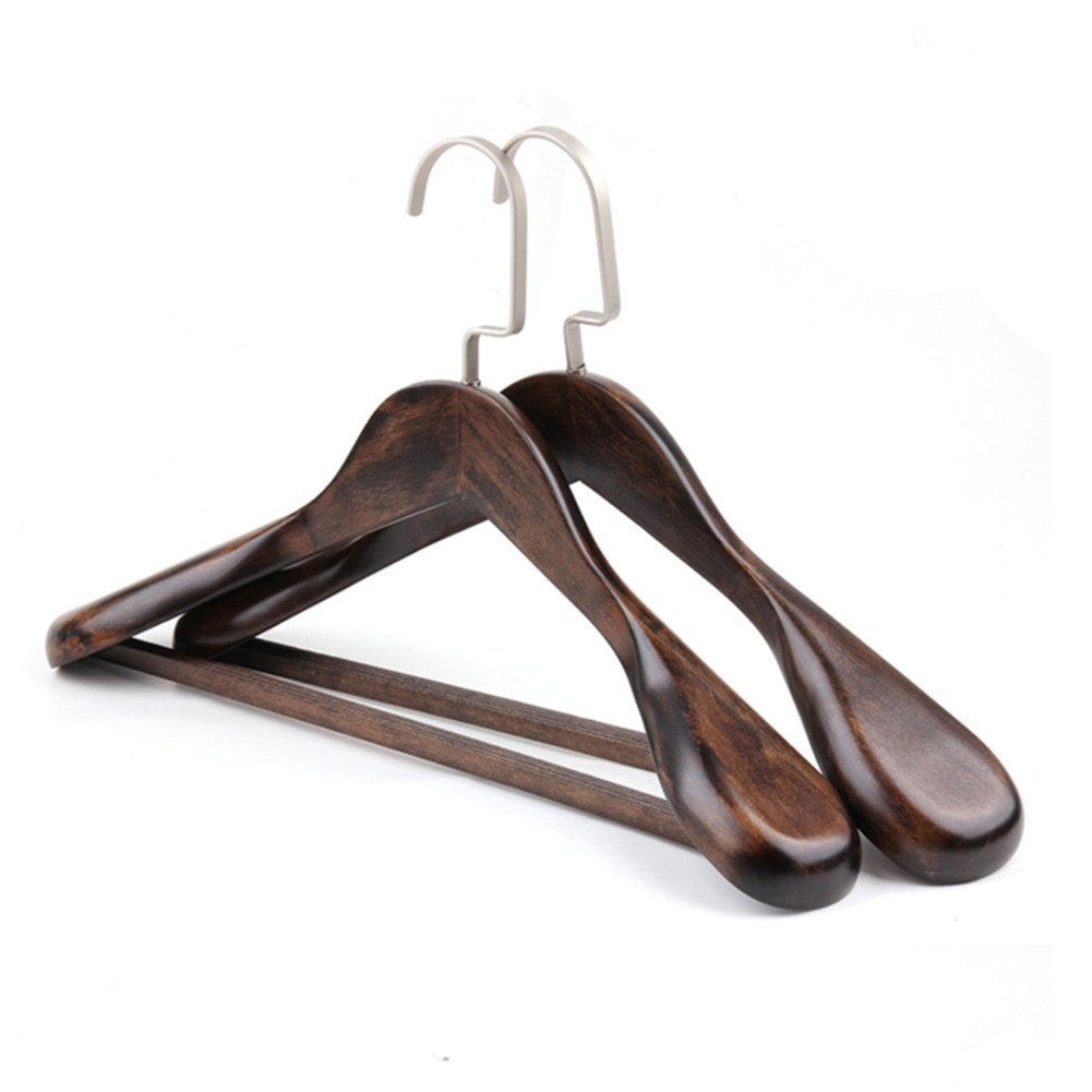 J. HOME Gugertree Wooden Extra-Wide Women Shoulder Suit Hangers, Wood Coat Hangers Pant Hangers, Retro Finish, Nickle Plated Hook 4-Pack MJH-002 (brown)