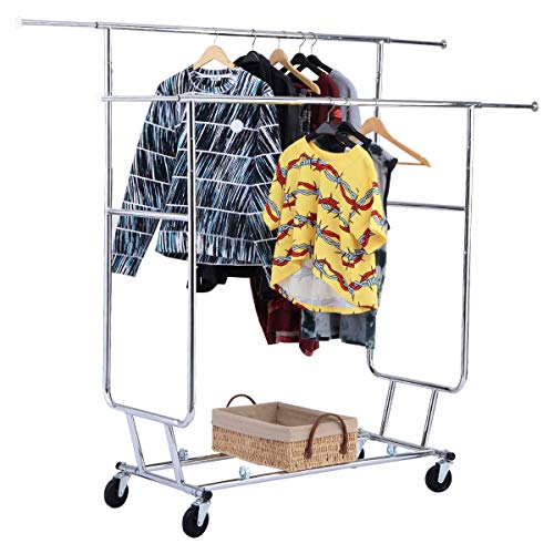 BeUniqueToday Double Commercial Collapsible Clothing Rolling Garment Rack, Heavy Duty Laundry Hanger With Double Collapsible Rolling Garment Rack, Attractive & Functional Garment Clothing Rolling Rack