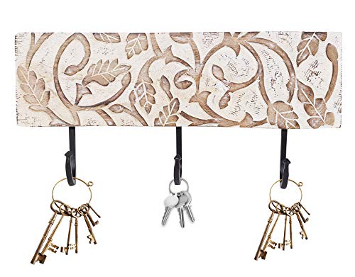 Father's Day Gift Wooden Hand Carved Wall Mounted Hanging Key Holder Decorative Showpiece Key Hook Organizer Best for Gifting and Home Decor (White Wash)