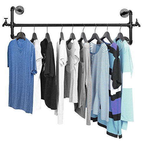 MyGift Black Metal Wall Mounted Faucet Design Closet Rod Garment Rack/Hanging Clothes Bar Display