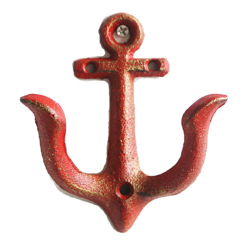 KiaoTime RED Vintage Rustic Cast Iron Nautical Anchor Design Wall Hooks Coat Hooks Rack, Decorative Wall Mounted Antique Shabby Chic Metal Home Bath Room Towel Coat Hooks Hanger