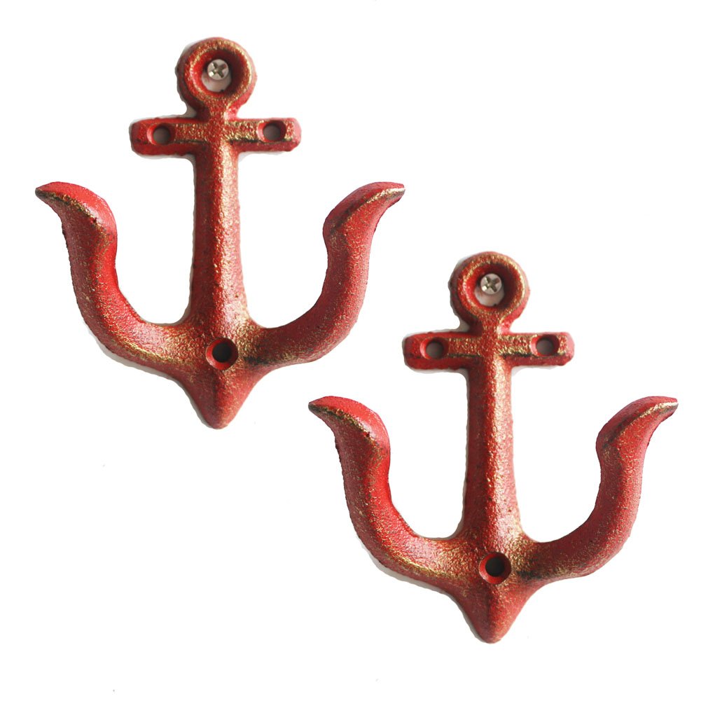 KiaoTime Set of 2 RED Vintage Rustic Cast Iron Nautical Anchor Design Wall Hooks Coat Hooks Rack, Decorative Wall Mounted Antique Shabby Chic Metal Home Bath Room Towel Coat Hooks Hanger