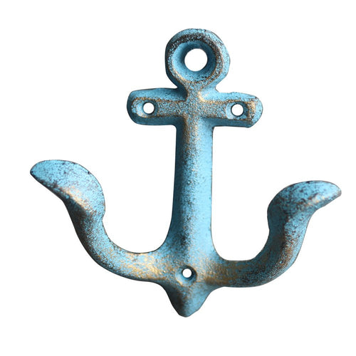 KiaoTime (Blue) Vintage Rustic Cast Iron Nautical Anchor Design Wall Hooks Coat Hooks Rack, Decorative Wall Mounted Antique Shabby Chic Metal Home Bathroom Towel Coat Hooks Hanger