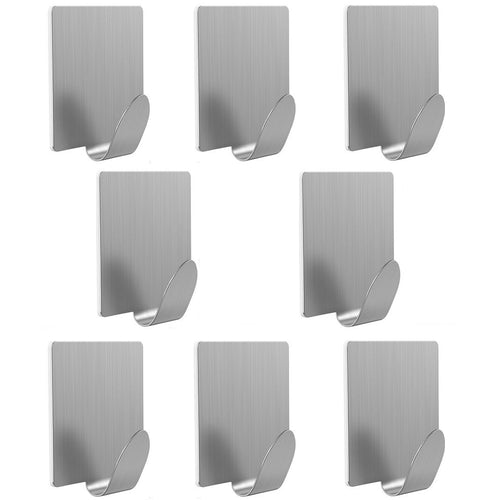 Anteer 8 Pack Stainless Steel Hooks, 3M Self Adhesive Wall Hooks for Towel Robe Coat Hanger and Key Rack Garage Storage Organizer Heavy Duty Brushed Finish (Style 1)