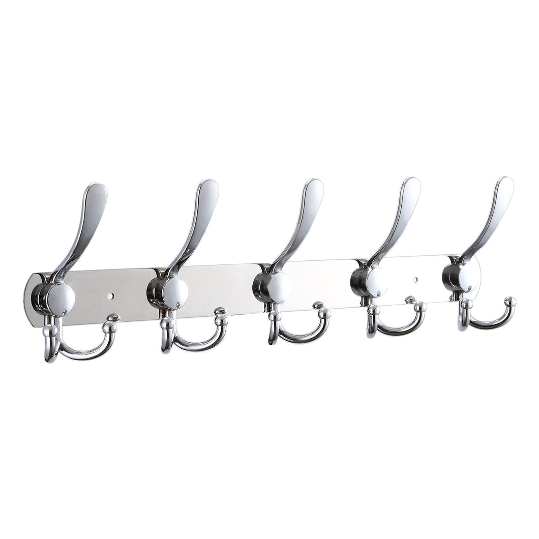 TOROTON Wall Mount Coat Rack with 5 Flared Tri Hooks, Chrome Finish Stainless Steel Hanger Rail Holder Rack - Silver