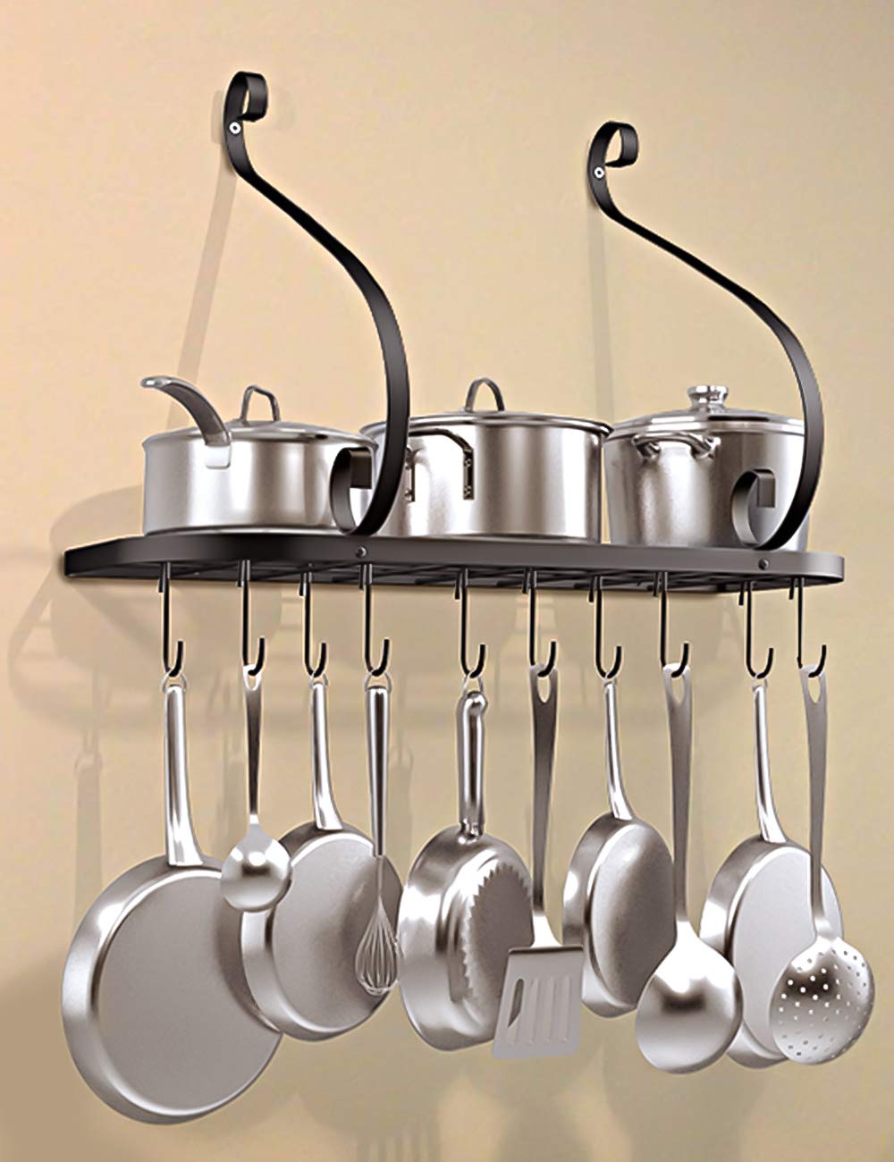 VDOMUS Kitchen Pot Pan Rack Shelf Wall Mounted Utensil Holder Hanger Bar with 10 Hooks, 24