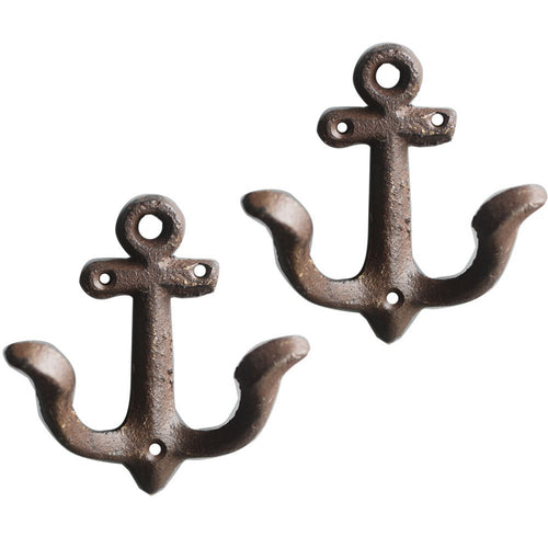 KiaoTime Set of 2 Rusty Brown Vintage Rustic Cast Iron Nautical Anchor Design Wall Hooks Coat Hooks Rack, Decorative Wall Mounted Antique Shabby Chic Metal Home Bath Room Towel Coat Hooks Hanger