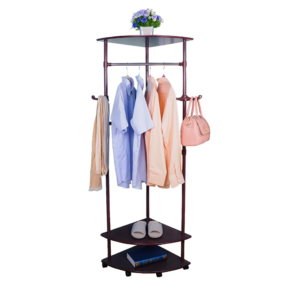 BAOYOUNI Vintage Corner Coat Rack Stand Clothes Garment Hanger Bar Holder Entryway Hall Tree on Wheels with 2-Tier Shoes Storage Shelf and Bag Hooks