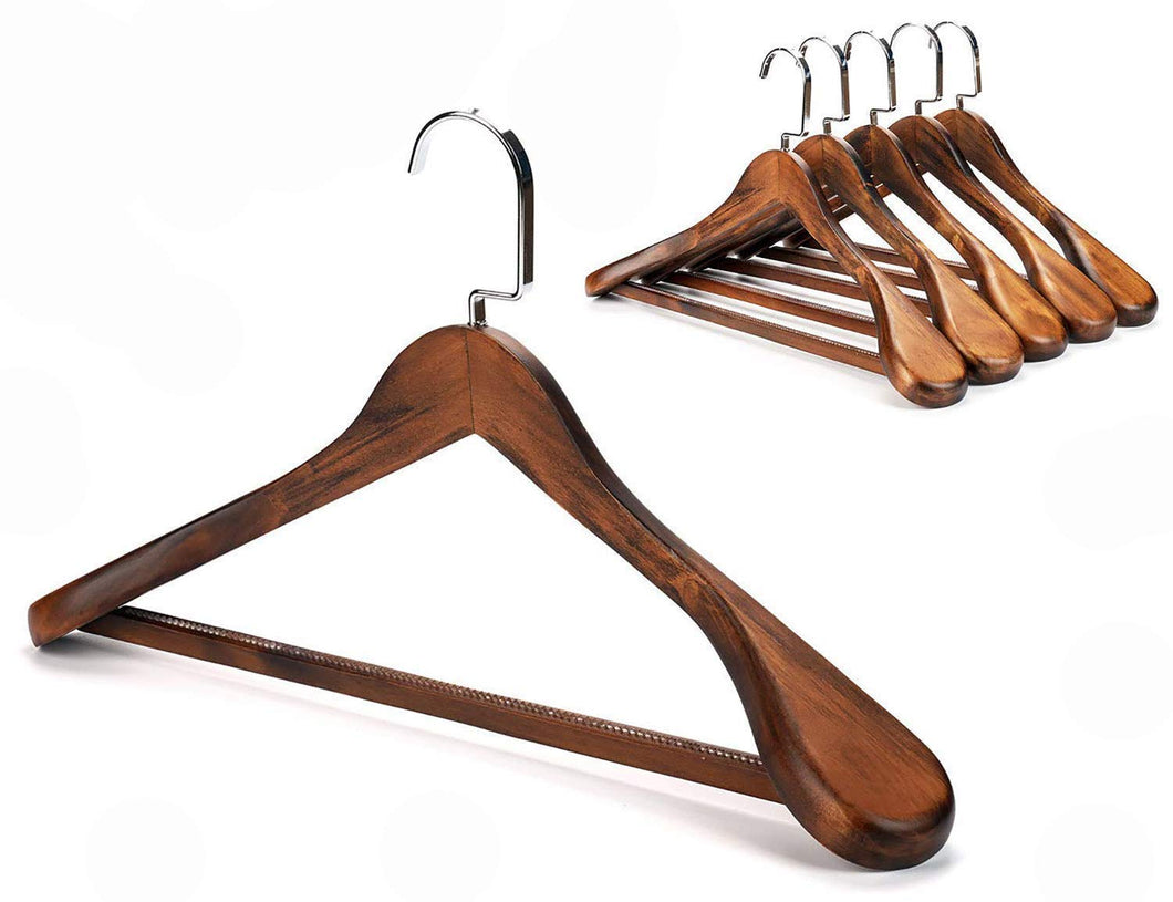 Nature Smile Luxury Wooden Suit Hangers - 6 Pack - Heavy Duty Extra Wide Shoulder Wood Coat Hangers,Suit Jacket Outerwear Shirt Hangers, Non-slip Square Bar for Pants, Chrome Flat Hook (Retro Brown)