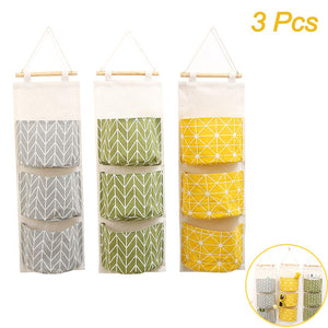 Creatiee 3Pcs Wall Hanging Storage Bag, Waterproof Over The Door Closet Organizer| Linen Farbric Hanging Pocket Organizer with 3 Remote-sized Pockets for Bedroom, Bathroom(Yellow + Gray +Green)