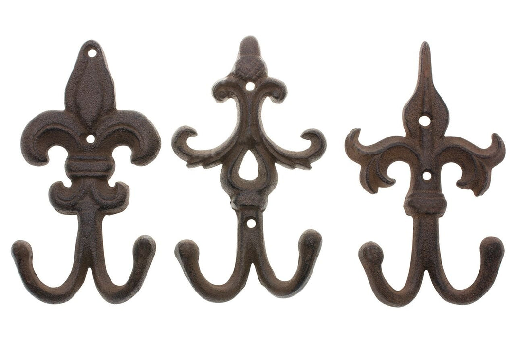 |SET OF 3| Cast Iron Fleur De Lis Double Wall Hooks / Hangers | Decorative Wall Mounted Coat Hook | Rustic Cast Iron | 3.9x1.6