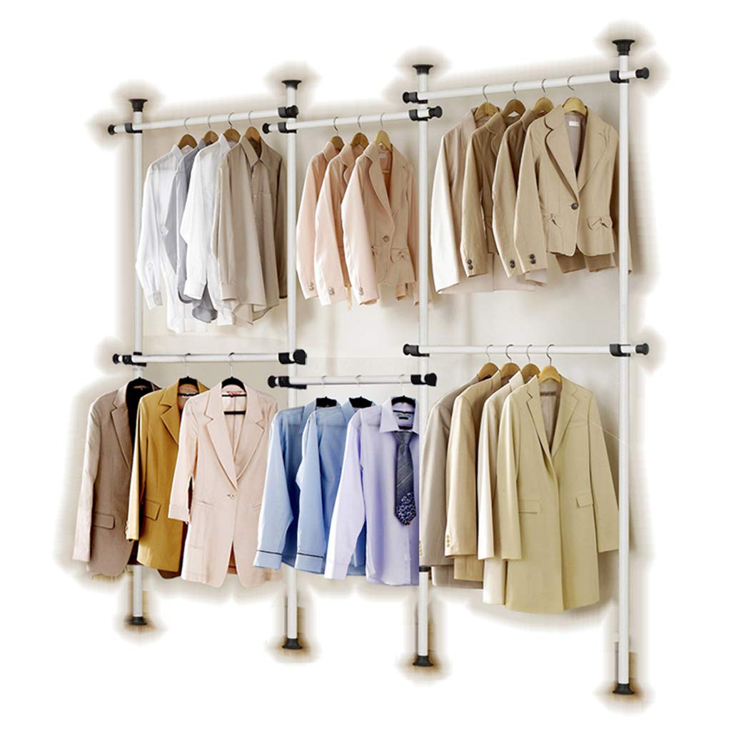 Portable Indoor Garment Rack Tools-free DIY Coat Hanger Clothes Wardrobe 4 Poles 6 Bars. Heavy Duty Stainless Steel Poles and Bars. 60kg Loading per Horizontal Bar. Free 105cm Reach Hook Included. Space Fit and Saver.[3206]