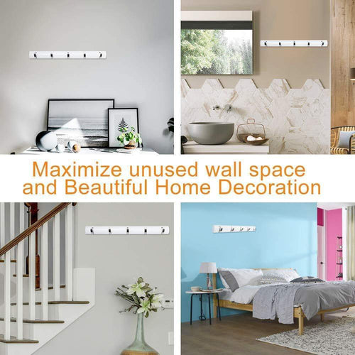 Xben 5-Hook Bamboo Coat Hanger Wall Mount Rack, Modern, Sleek and Simple Design Storage Organization for Hats, Keys, Jackets, Towels, Scarfs, Purses, Bags, Umbrellas- White