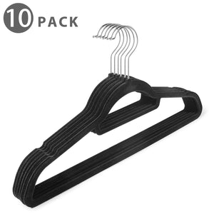 Flexzion Velvet Hanger 10 Pack - Non Slip Dress Hanger with Accessory Bar Space Saving, Strong and Durable with 360 Degree Swivel Hook, Contoured Shoulder for Shirts Clothes Coat Suit Pants (Black)