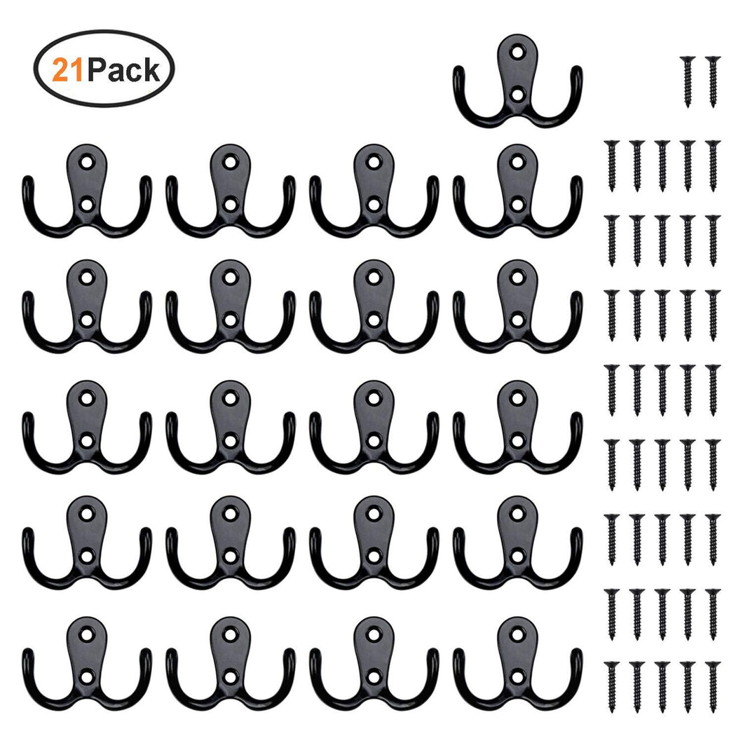 21 Pieces Double Prong Robe Hook Rustic Hooks Retro Cloth Hanger Coat Hanger Wall Mounted Hook with 42 Pieces Screws (Black Color)