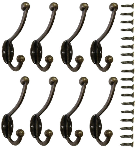 8 Pieces Coat Hooks Wall Mounted 35 LB Utility Hooks Heavy Duty Cup Metal Hooks Dual Robe Hook Rustic Hooks Retro Double Hooks Coat Hanger and 18 Pieces Screws (Bronze Color)
