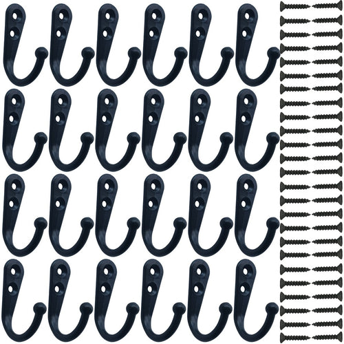 24 Pieces Coat Hooks Wall Mounted Robe Hook Single Coat Hanger No Scratch and 50 Pieces Screws （Black）