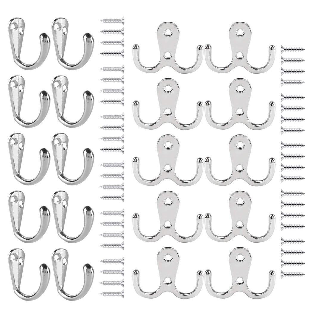 Folansy 20 Pieces Wall Mounted Robe Hook Coat Hooks Single and Double Prong Coat Hanger No Scratch with 40 Pieces Screws,Silver