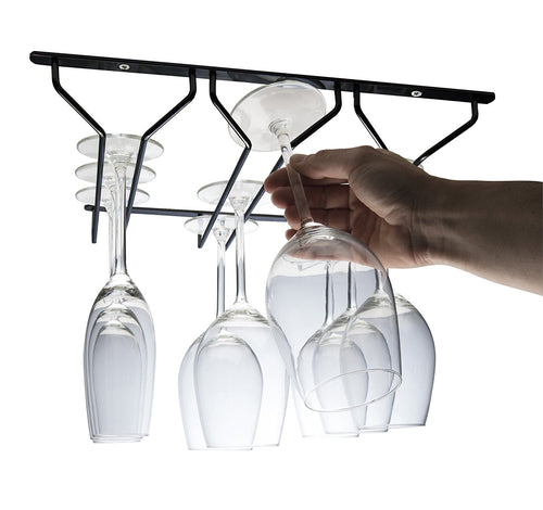 CKB Ltd 3 Triple Row GLASS HANGER Black Under Cupboard Cabinet Shelf Counter Stemmed Glass Storage 35 x 34 x 5.5 cm - Hanging Racks holds any type of Stemware Glassware Wine Glasses and Flutes