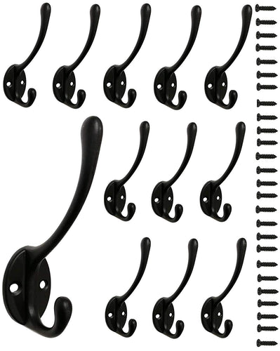 12 Pack Dual Coat Hooks Wall Mounted Metal Hooks Utility Hooks Robe Hook Rustic Double Hooks Coat Hanger and 26 Screws for Coat, Scarf, Bag, Towel, Key, Cap, Cup, Hat (Black Color)
