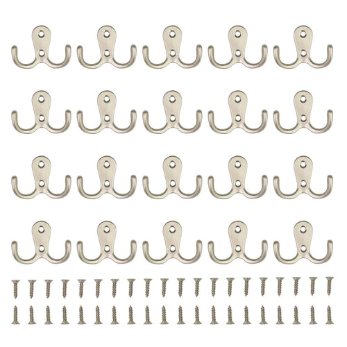 HOVEOX 20 Pcs Double Prong Robe Hook Retro Towel Cloth Hanger Wall Hat Jewelry Hooks Rustproof Rustic Hooks Heavy Duty Hardware Decorative Utility Hooks & 40 Pcs Screws & a Free Screwdriver, Silver