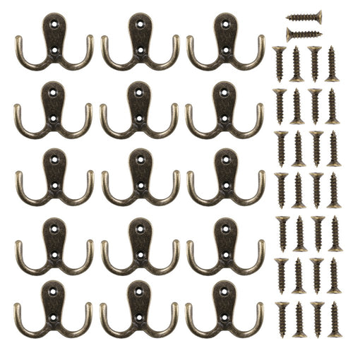 INNKER 15PCS Double Prong Robe Hook Bronze Rustic Hooks with 30 Screws Double Hook Hanger for Coat Clothes Hat Cup Key