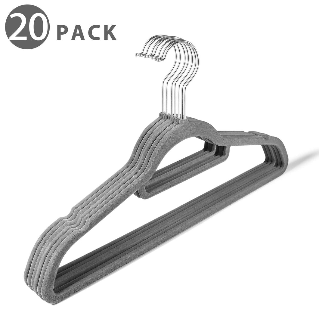 Flexzion Velvet Hanger 20 Pack - Non Slip Dress Hanger with Accessory Bar Space Saving, Strong and Durable with 360 Degree Swivel Hook, Contoured Shoulder for Shirts Clothes Coat Suit Pants (Gray)