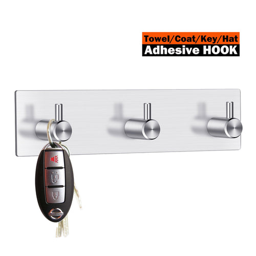 Key Hooks and Hanger, 3M Self Adhesive Stainless Steel Heavy Duty Coat Hanger Purse Hanger Robe Towel Hook 3-Hook for Bathroom, Living Room, Kitchen Wall Mounted (3 Hooks)