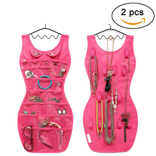 TinaWood 2PCS Jewelry Organizer S Shaped Dress Style Non-woven Fabric 21 Pockets 13 Hooks Hanging Closet Jewelry Pouch/sorting Storage Bag (Pink)