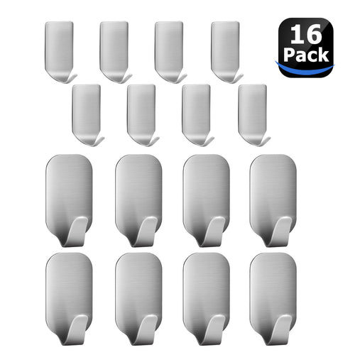 Adhesive Hooks, Amoner Heavy Duty Wall Hooks Stainless Steel Wall Hanger Waterproof Hooks for Robe, Coat, Towel, Keys, Bags, Home, Office, Bathroom, Kitchen 16 Pack
