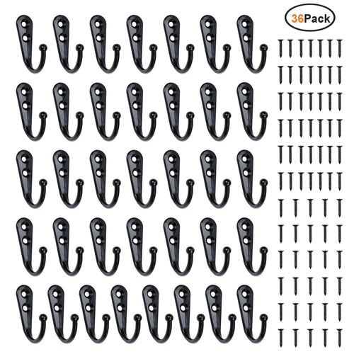 36 Pieces Coat Hooks Wall Mounted Robe Hook Single Coat Hanger No Scratch and 72Pieces Screws Black