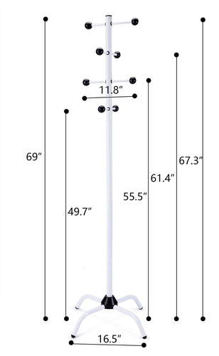 WILSHINE Coat Tree Rack Free Standing Coat Hanger Stand White Metal Modern for Office/Entryway with 8 Movable Hooks 4 Feet Base