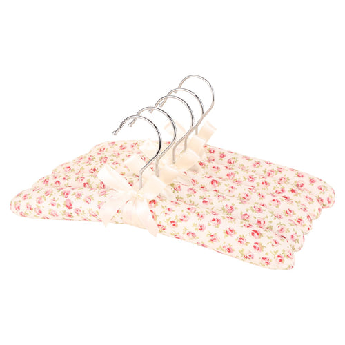 Neoviva Kids Floral Satin Padded Hangers for Sweaters Thick Anti Slip Fabric Coat Hanger for Dresses, Pack of 5, England Roses White