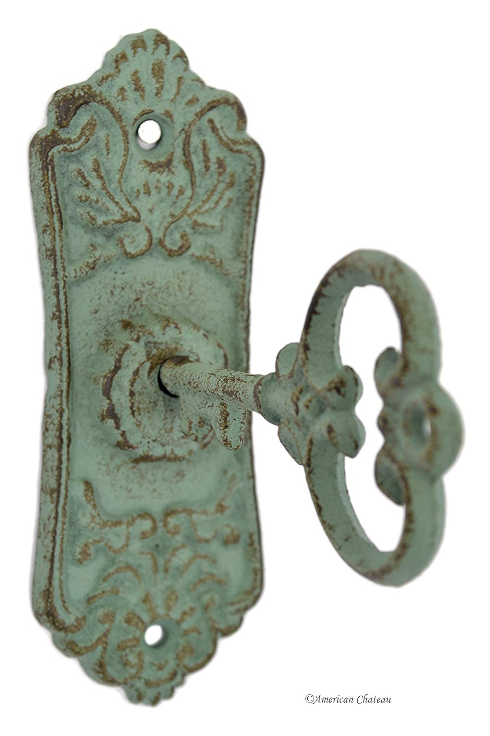 Victorian Antiqued Green Ornate Cast Iron Door Plate Key Hook Rack Wall Hanger