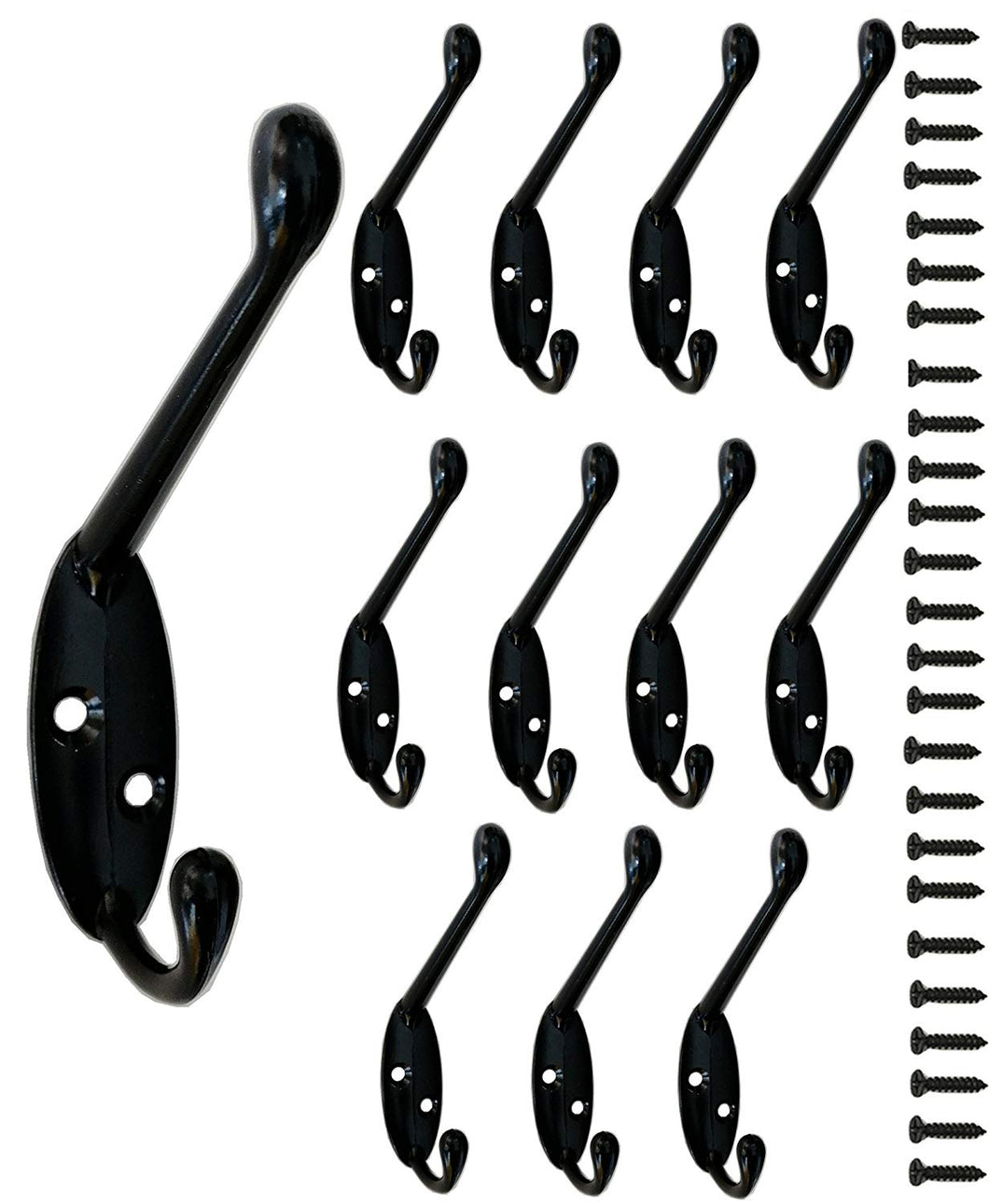 12 Pack Heavy Duty Metal Decorative Dual Coat Hooks Wall Mounted Double Coat Hanger for Hat Hardware Dual Prong Retro Coat Hanger with 26 Screws (Black)