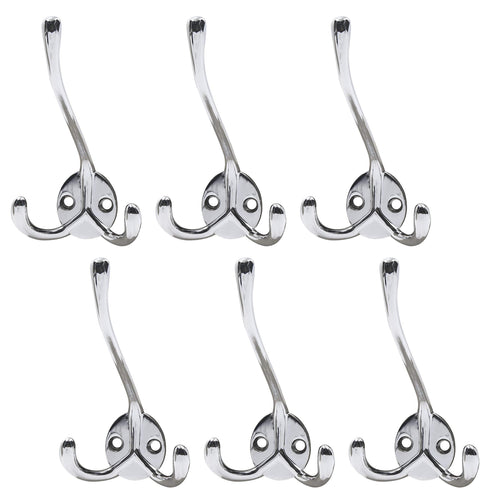 WEBI 6 Set Metal Triple 3 Arm Coat Hat Hook Bath Towel Closet Clothes Hanger Rail Garment Rack Holder, Wall Mount Entryway Kitchen Home Office Garage Organizer Storage, Zinc Alloy/Chrome Finish MGLG6