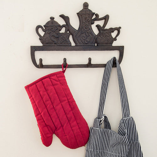 Decorative Cast Iron Kitchen Storage Towel Rack | Old Fashioned Tea Pot With 4 Hooks |For Keys, Towels, Clothes, Anprons etc | Wall Mounted Towel Hanger | - 11.8 x 7.9